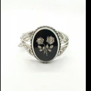 Vintage Whiting & Davis Silver Bangle with Glass Flower Cameo